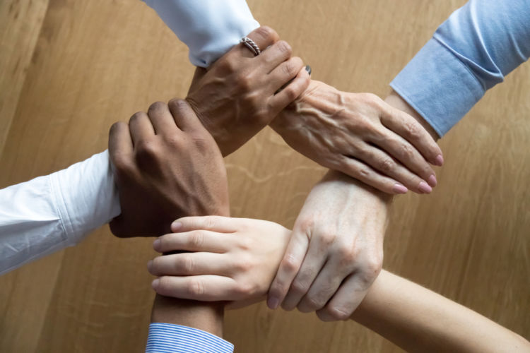 diverse,business,people,team,connected,grasping,hands,holding,each,other
